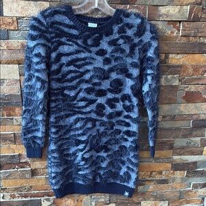 Boboli Stylish Girls Fuzzy Sweater Dress Blue Animal Print